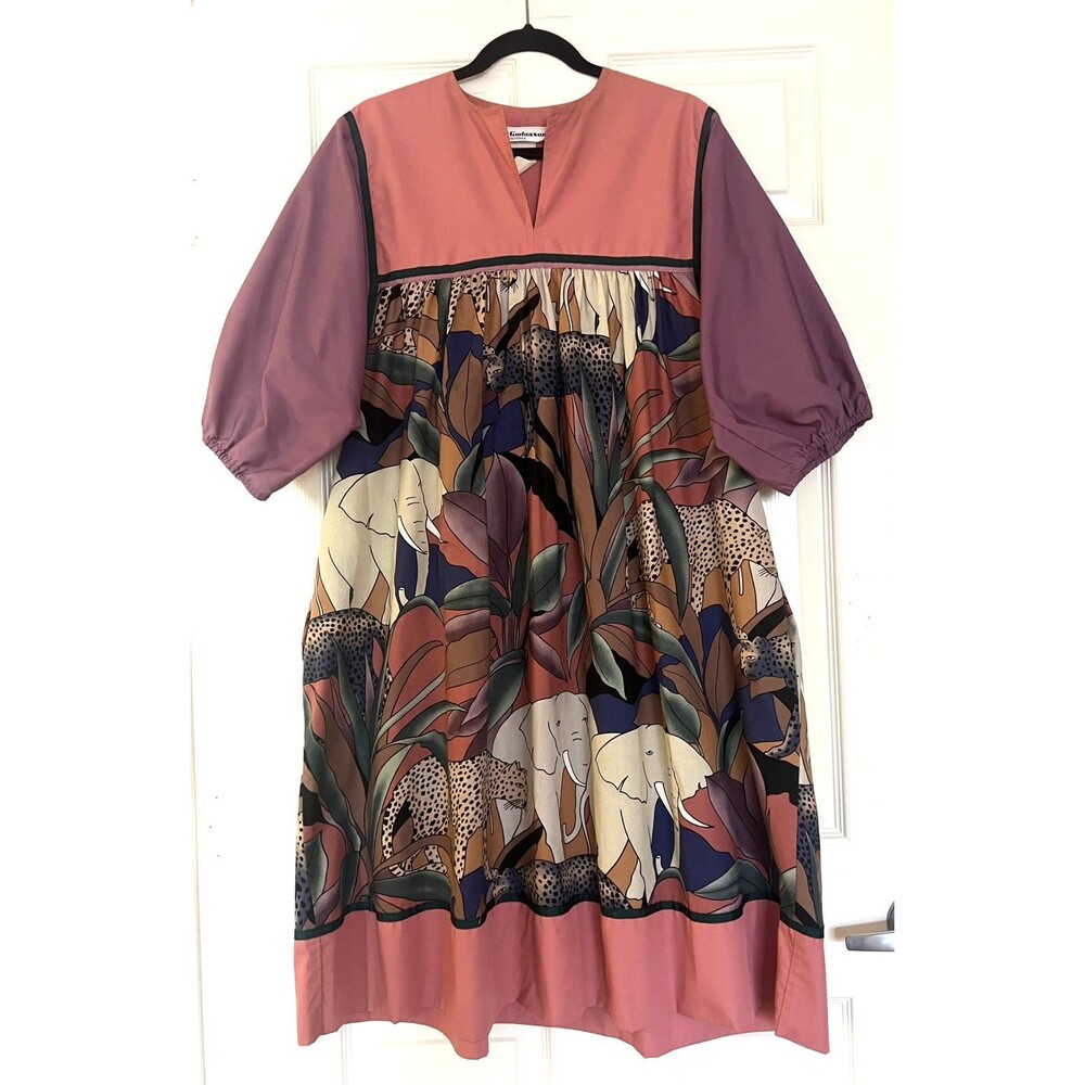 Vtg Krist Gudnason Welcome to the Jungle Dress L Cotton Safari Elephant Muumuu